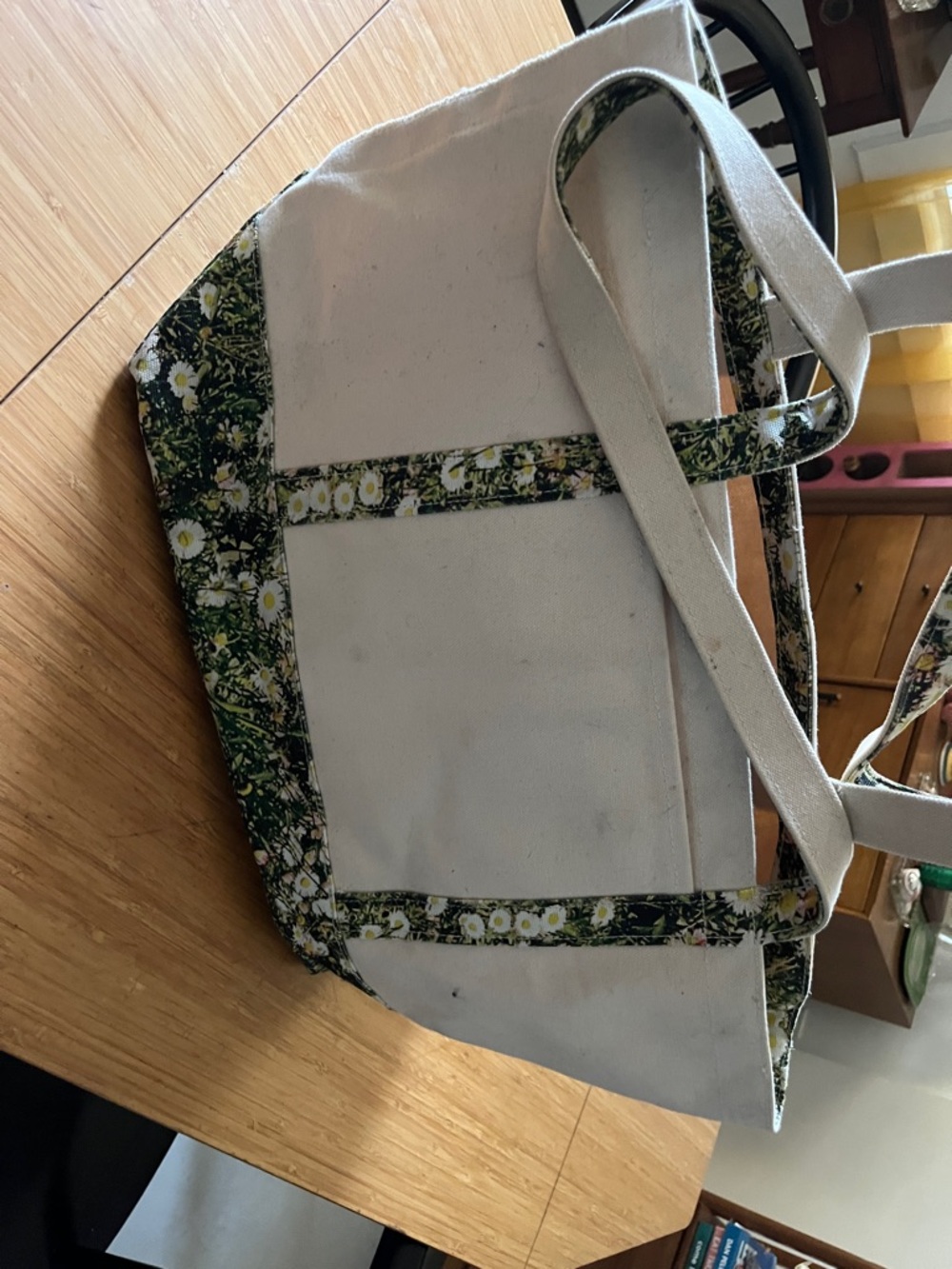 BAGGU White Canvas Tote with Green Floral Trim